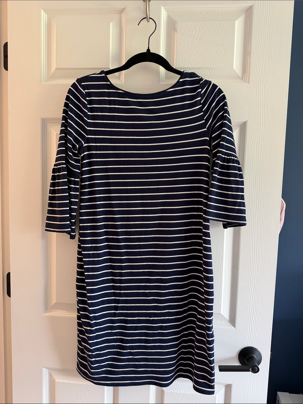 White House Black Market Navy and White Striped Bell-Sleeve Midi Dress